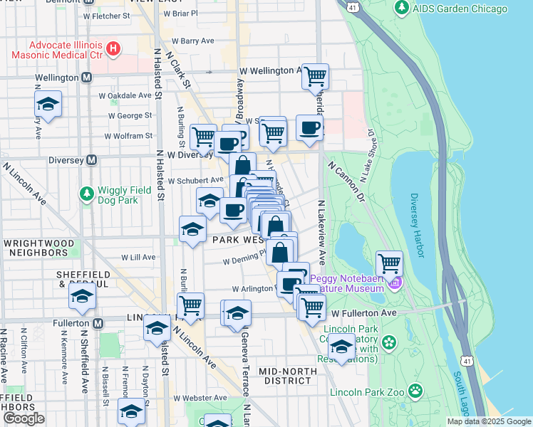 map of restaurants, bars, coffee shops, grocery stores, and more near 2551 North Clark Street in Chicago