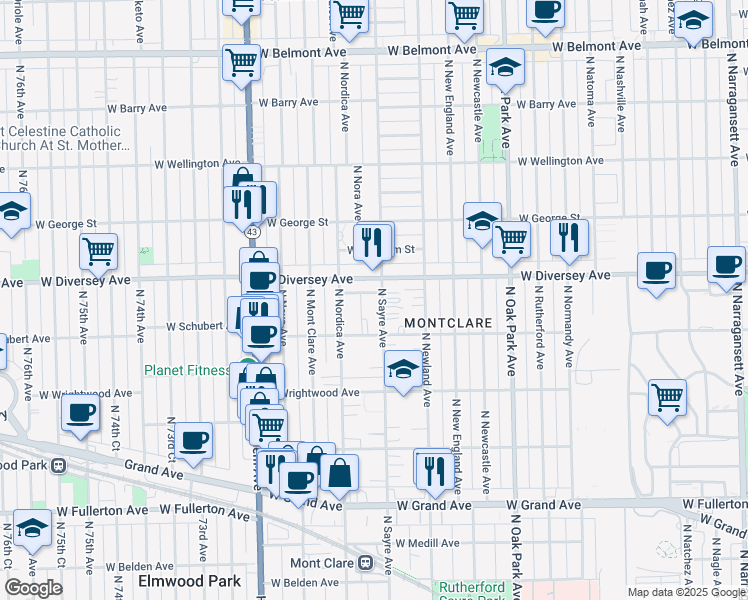 map of restaurants, bars, coffee shops, grocery stores, and more near 2738 North Sayre Avenue in Chicago
