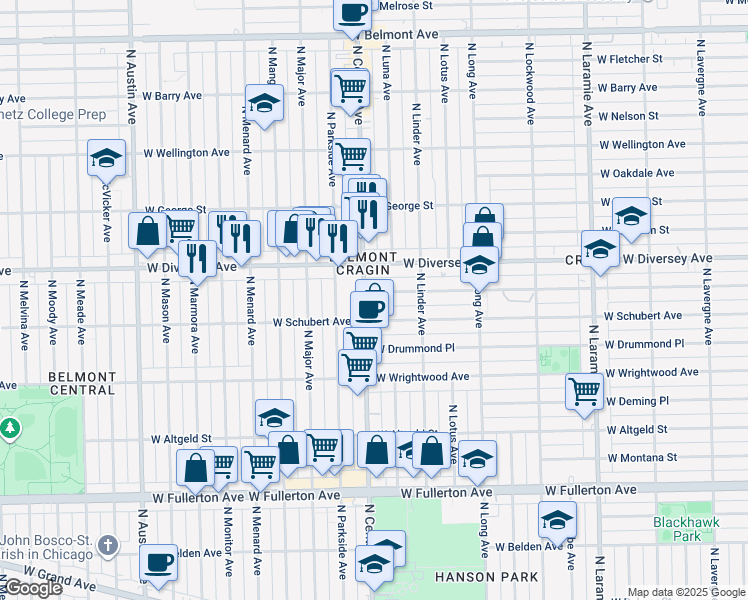 map of restaurants, bars, coffee shops, grocery stores, and more near 2658 North Central Avenue in Chicago