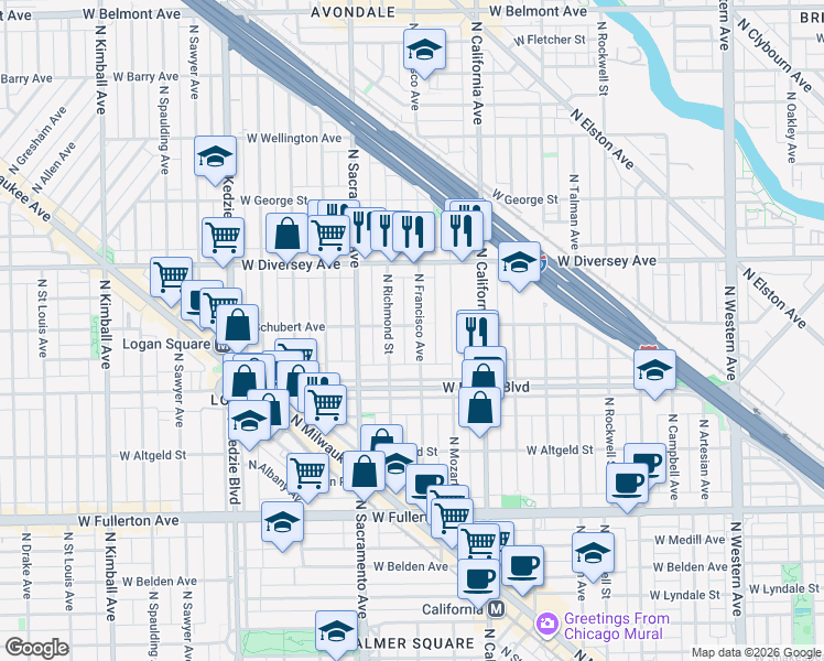 map of restaurants, bars, coffee shops, grocery stores, and more near 2624 North Francisco Avenue in Chicago