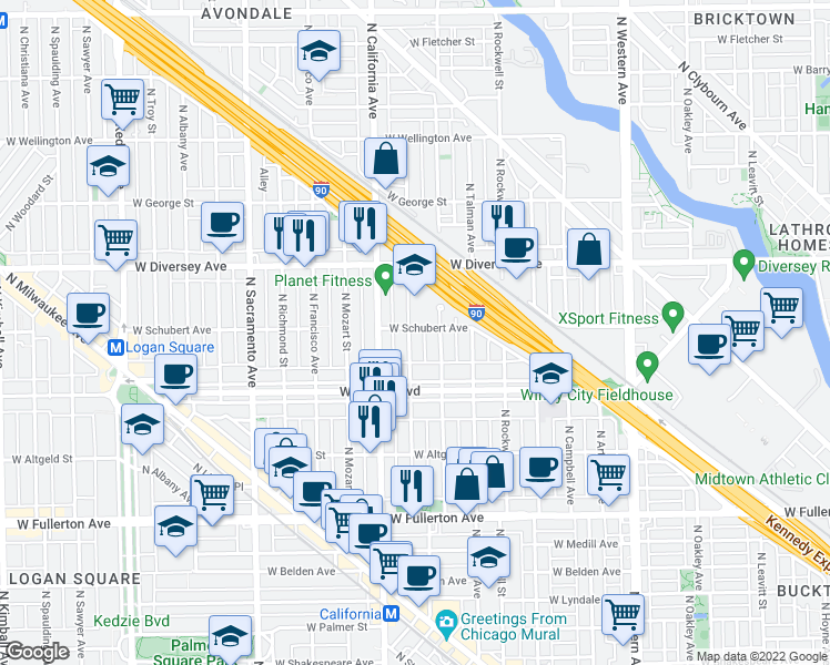 map of restaurants, bars, coffee shops, grocery stores, and more near 2645 North Fairfield Avenue in Chicago