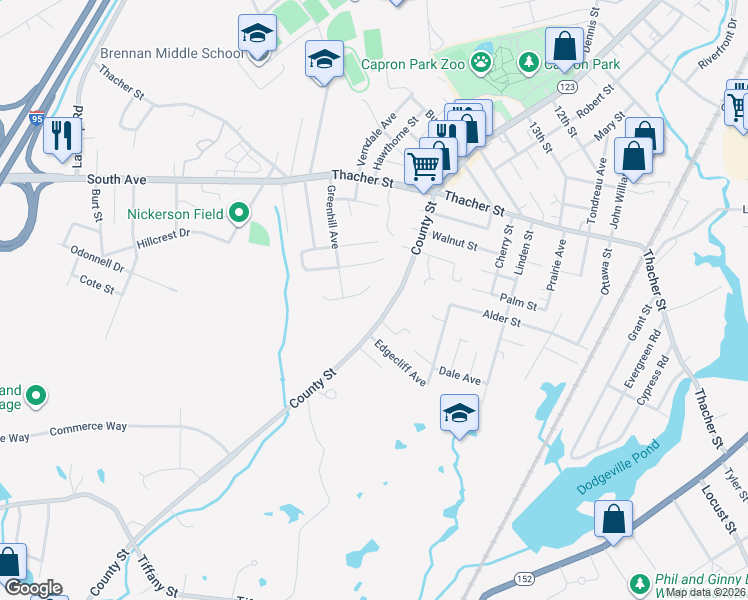 map of restaurants, bars, coffee shops, grocery stores, and more near 780 County Street in Attleboro