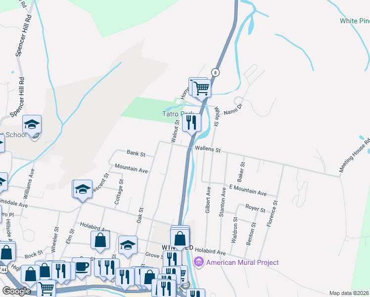 map of restaurants, bars, coffee shops, grocery stores, and more near 275 North Main Street in Winchester