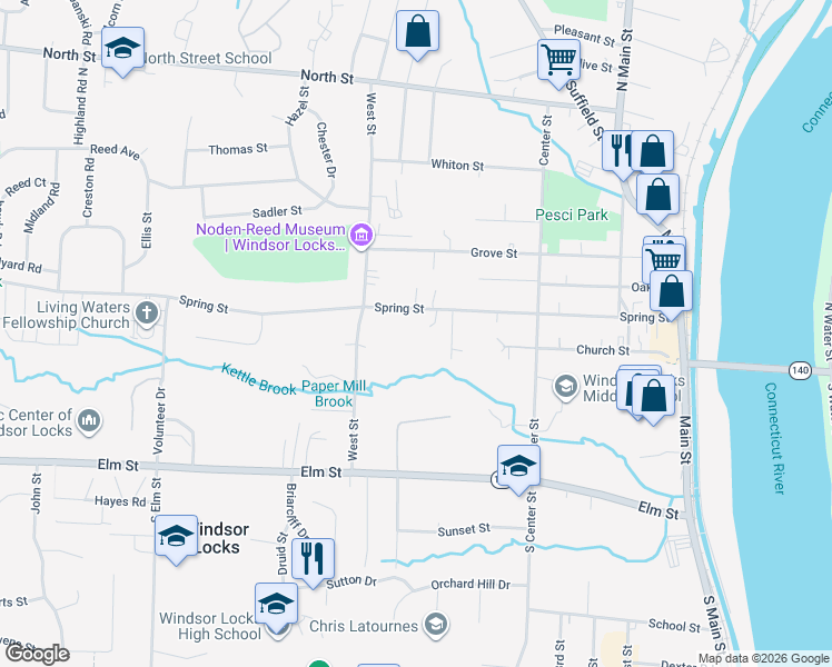 map of restaurants, bars, coffee shops, grocery stores, and more near 15 Cherry Street in Windsor Locks