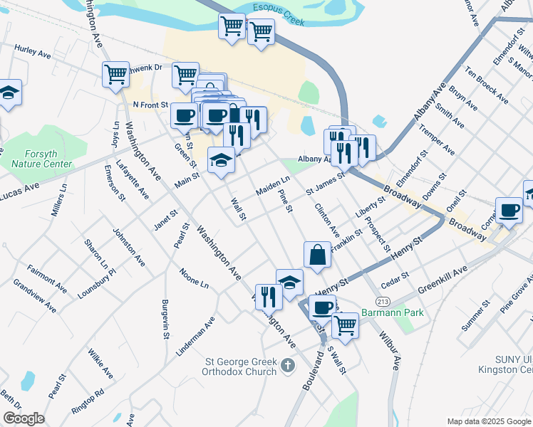 map of restaurants, bars, coffee shops, grocery stores, and more near Fair Street in Kingston
