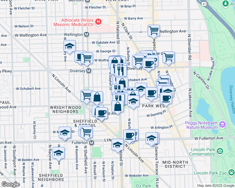 map of restaurants, bars, coffee shops, grocery stores, and more near 2636 North Halsted Street in Chicago