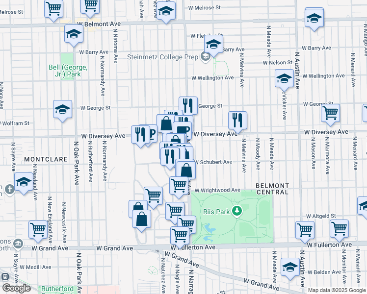 map of restaurants, bars, coffee shops, grocery stores, and more near 2730 North Narragansett Avenue in Chicago