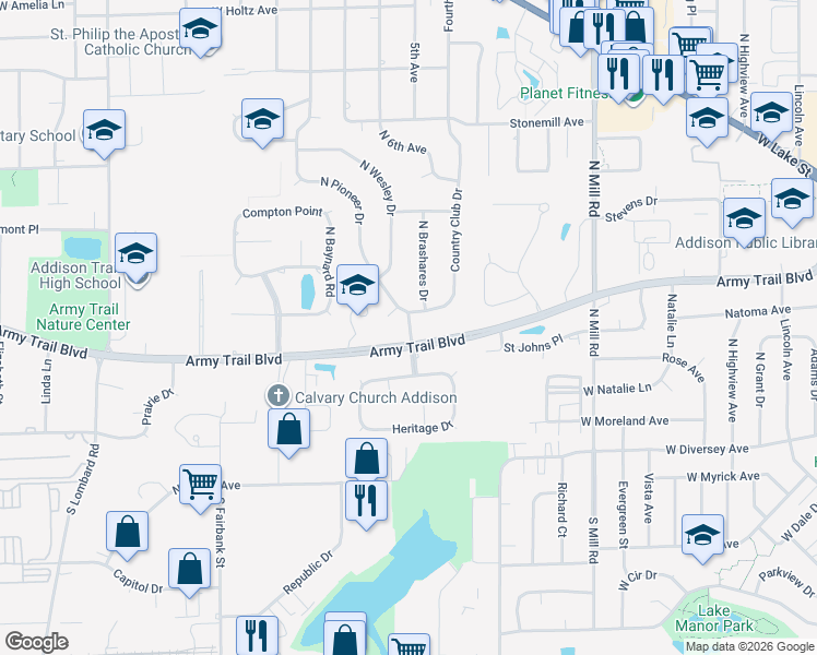 map of restaurants, bars, coffee shops, grocery stores, and more near 905 Army Trail Boulevard in Addison