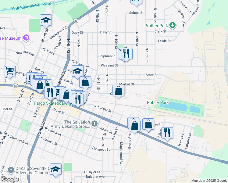 map of restaurants, bars, coffee shops, grocery stores, and more near 900 Oak Street in DeKalb