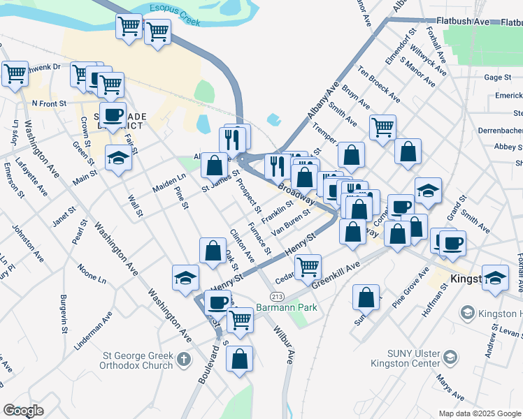 map of restaurants, bars, coffee shops, grocery stores, and more near 56 Franklin Street in Kingston