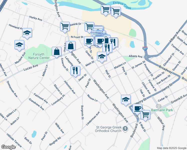 map of restaurants, bars, coffee shops, grocery stores, and more near 209 Washington Avenue in Kingston