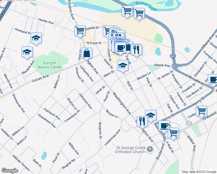 map of restaurants, bars, coffee shops, grocery stores, and more near 209 Washington Avenue in Kingston