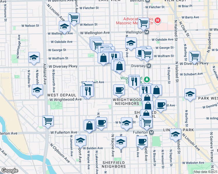 map of restaurants, bars, coffee shops, grocery stores, and more near 2615 North Racine Avenue in Chicago