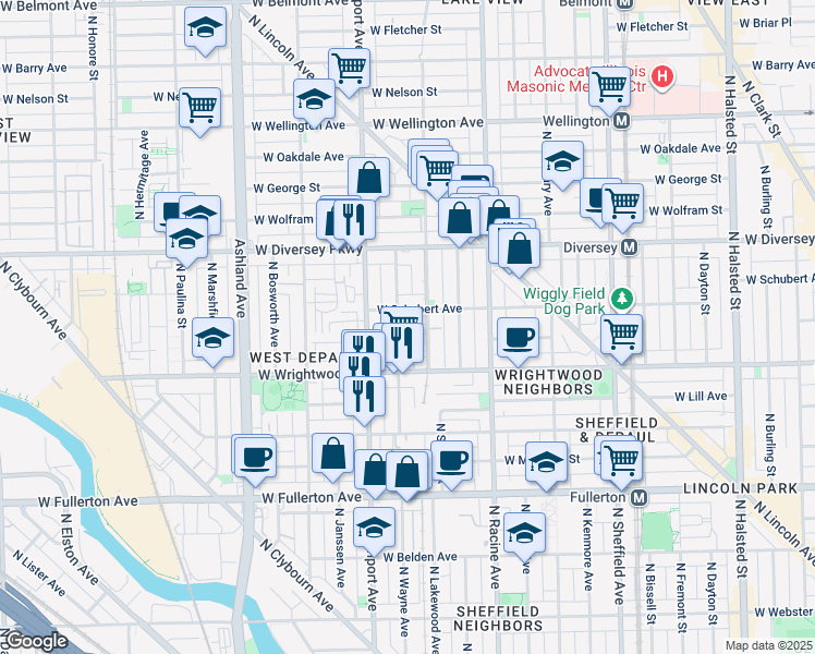 map of restaurants, bars, coffee shops, grocery stores, and more near 2620 North Lakewood Avenue in Chicago