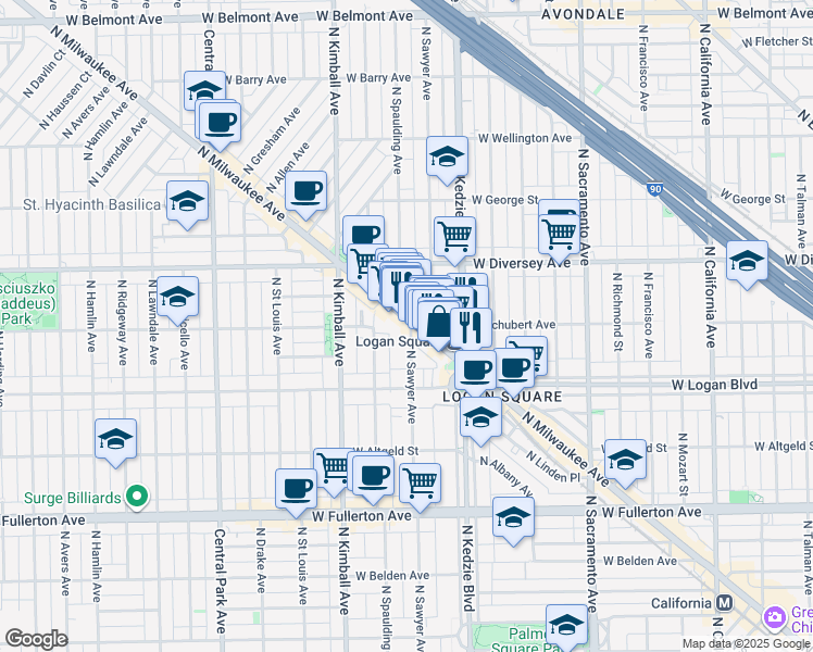map of restaurants, bars, coffee shops, grocery stores, and more near 2634 North Sawyer Avenue in Chicago