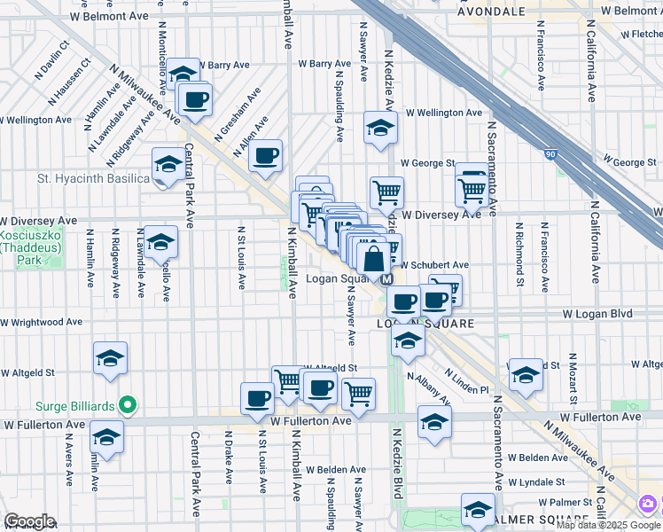 map of restaurants, bars, coffee shops, grocery stores, and more near 2634 North Spaulding Avenue in Chicago