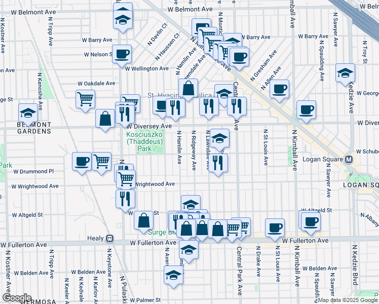 map of restaurants, bars, coffee shops, grocery stores, and more near in Chicago