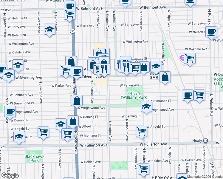 map of restaurants, bars, coffee shops, grocery stores, and more near 4547 West Schubert Avenue in Chicago