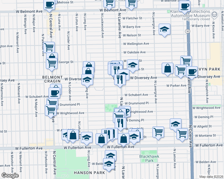 map of restaurants, bars, coffee shops, grocery stores, and more near 5231 West Schubert Avenue in Chicago