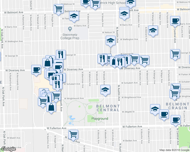 map of restaurants, bars, coffee shops, grocery stores, and more near 2704 North Moody Avenue in Chicago
