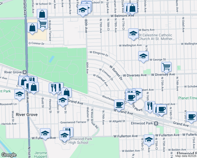 map of restaurants, bars, coffee shops, grocery stores, and more near 7851 West Oakleaf Avenue in Chicago