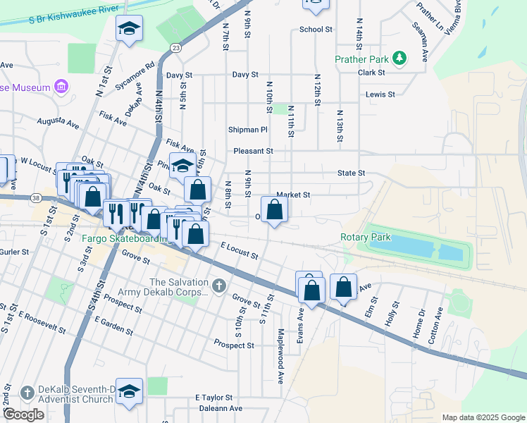map of restaurants, bars, coffee shops, grocery stores, and more near 900 Oak Street in DeKalb