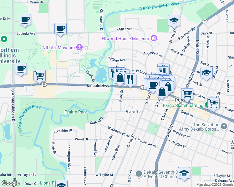 map of restaurants, bars, coffee shops, grocery stores, and more near 302 Hickory Street in DeKalb