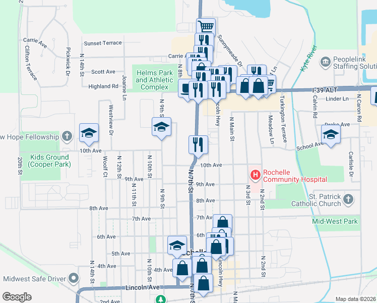 map of restaurants, bars, coffee shops, grocery stores, and more near 1000 North 7th Street in Rochelle