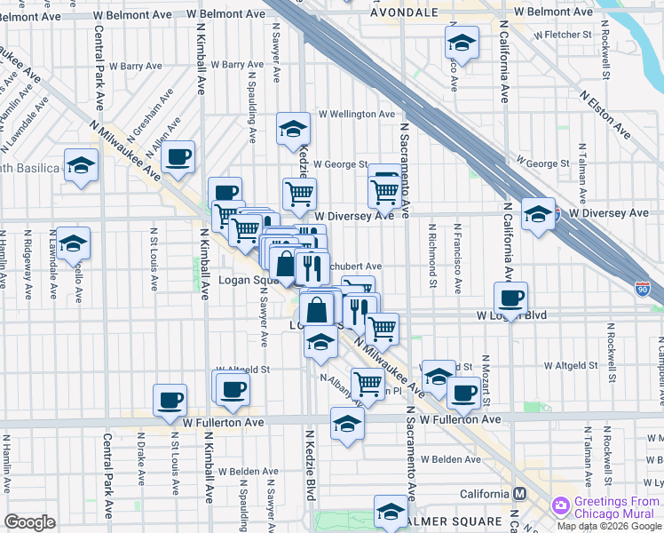map of restaurants, bars, coffee shops, grocery stores, and more near West Schubert Avenue & North Troy Street in Chicago