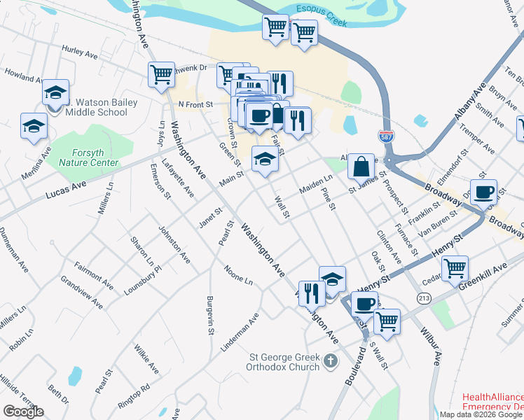map of restaurants, bars, coffee shops, grocery stores, and more near 18 Len Court in Kingston