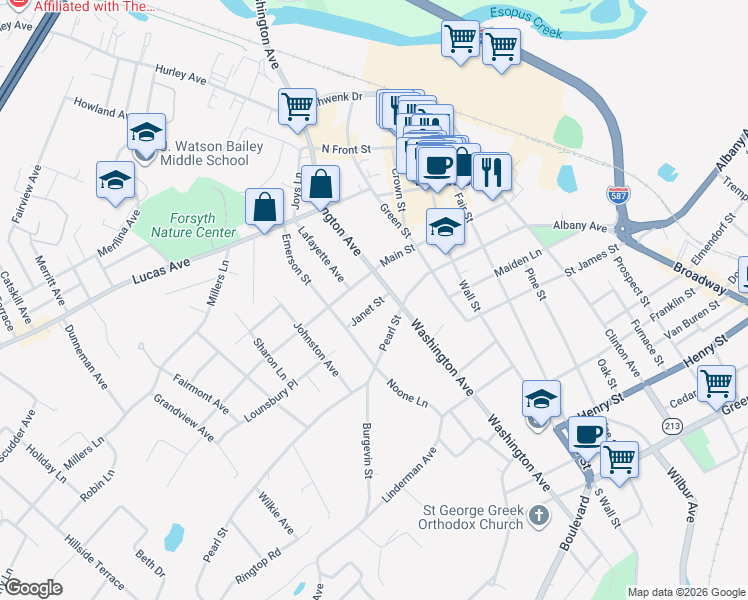 map of restaurants, bars, coffee shops, grocery stores, and more near 155 Pearl Street in Kingston