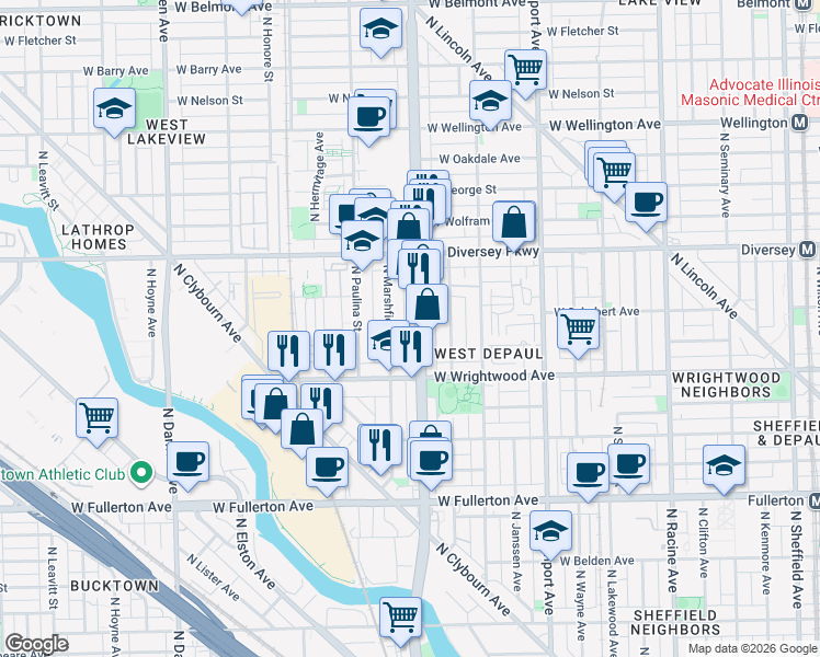map of restaurants, bars, coffee shops, grocery stores, and more near in Chicago