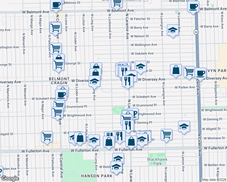 map of restaurants, bars, coffee shops, grocery stores, and more near 5301 West Schubert Avenue in Chicago
