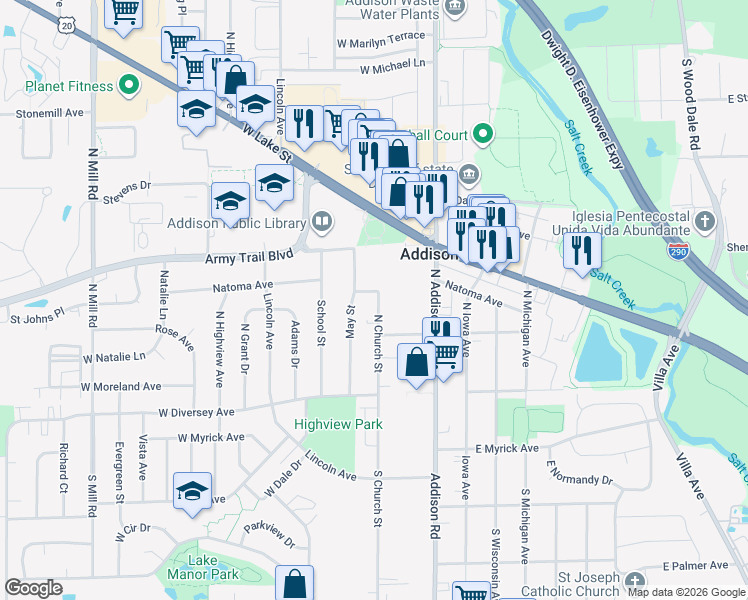 map of restaurants, bars, coffee shops, grocery stores, and more near 112 North Church Street in Addison