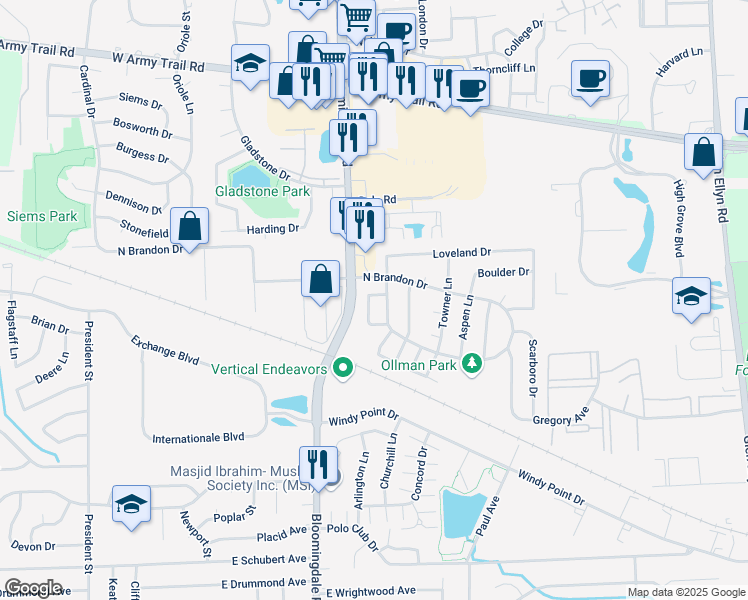 map of restaurants, bars, coffee shops, grocery stores, and more near 1919 Wildwood Circle in Glendale Heights