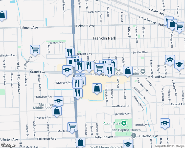 map of restaurants, bars, coffee shops, grocery stores, and more near 10272 West Grand Avenue in Franklin Park