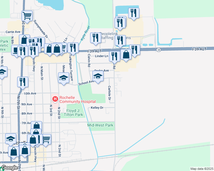 map of restaurants, bars, coffee shops, grocery stores, and more near 909 Carlisle Drive in Rochelle
