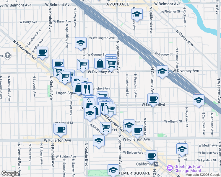 map of restaurants, bars, coffee shops, grocery stores, and more near W Schubert Ave & N Whipple St in Chicago