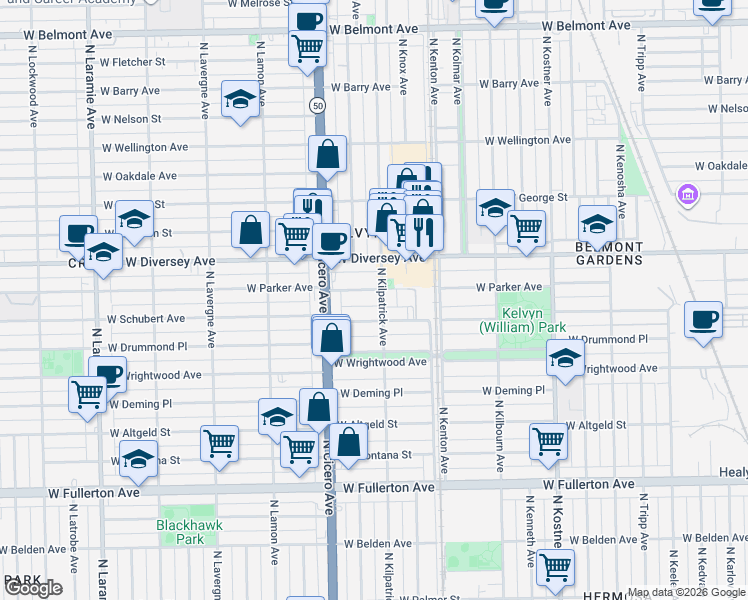 map of restaurants, bars, coffee shops, grocery stores, and more near 4651 West Schubert Avenue in Chicago
