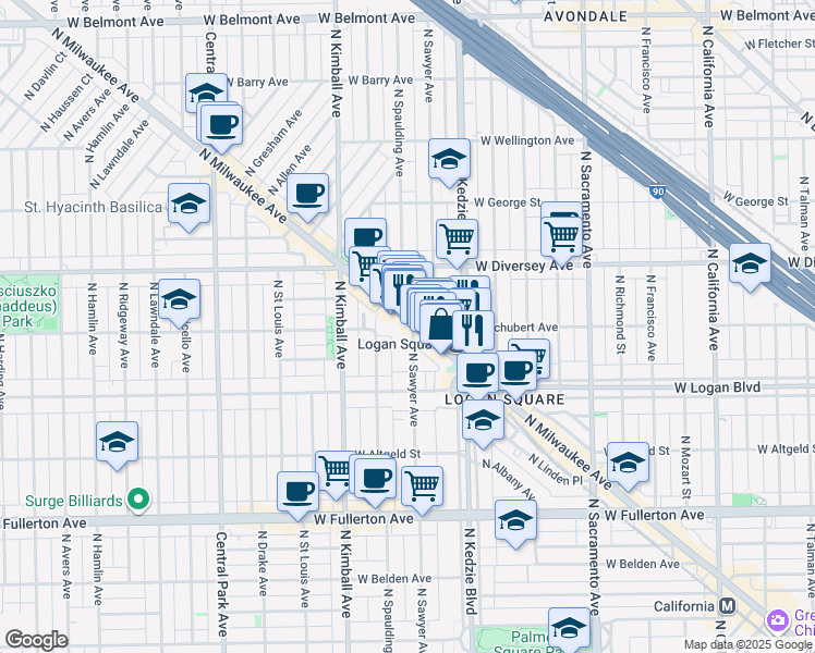 map of restaurants, bars, coffee shops, grocery stores, and more near 2634 North Sawyer Avenue in Chicago