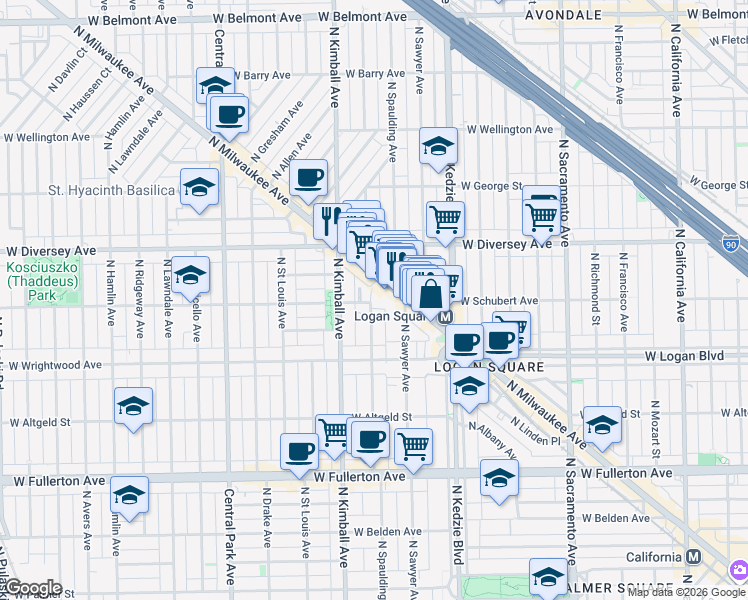map of restaurants, bars, coffee shops, grocery stores, and more near 2634 North Spaulding Avenue in Chicago