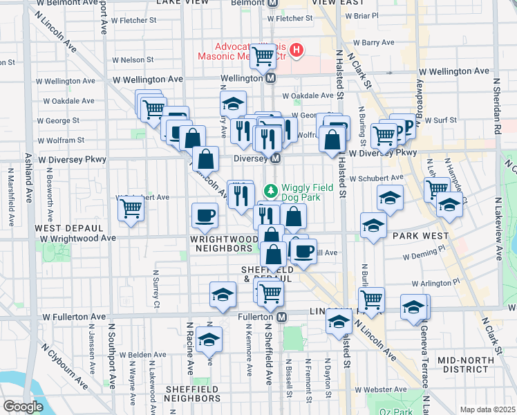 map of restaurants, bars, coffee shops, grocery stores, and more near 2640 North Sheffield Avenue in Chicago