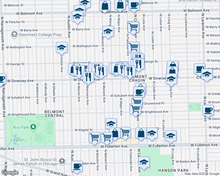 map of restaurants, bars, coffee shops, grocery stores, and more near 5719 West Diversey Avenue in Chicago