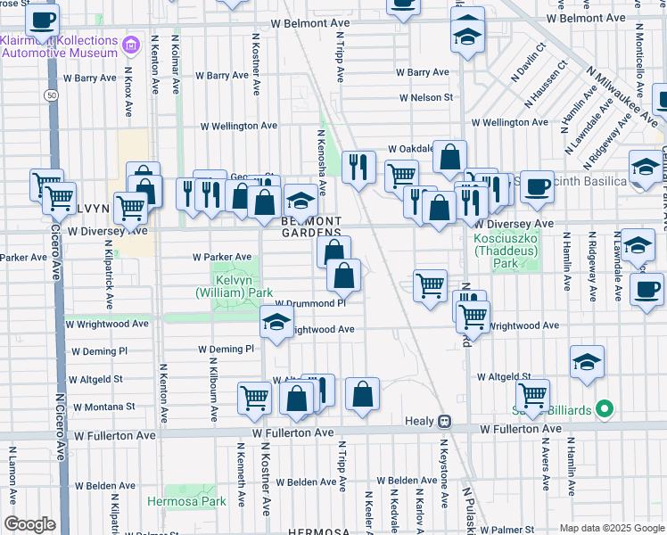 map of restaurants, bars, coffee shops, grocery stores, and more near 4249 West Diversey Avenue in Chicago