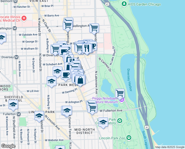 map of restaurants, bars, coffee shops, grocery stores, and more near 2700 North Pine Grove Avenue in Chicago