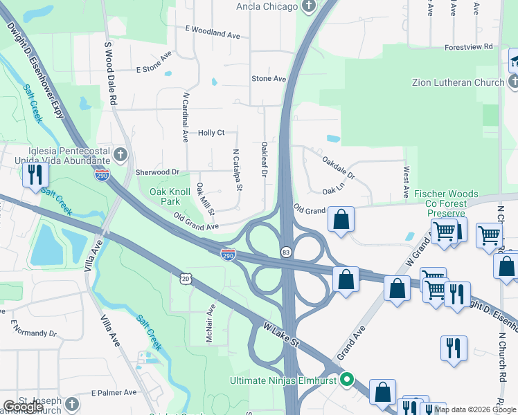 map of restaurants, bars, coffee shops, grocery stores, and more near 159 North Catalpa Street in Addison