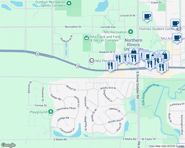 map of restaurants, bars, coffee shops, grocery stores, and more near 1400 West Lincoln Highway in DeKalb
