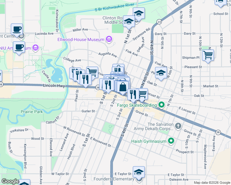 map of restaurants, bars, coffee shops, grocery stores, and more near 164 East Lincoln Highway in DeKalb