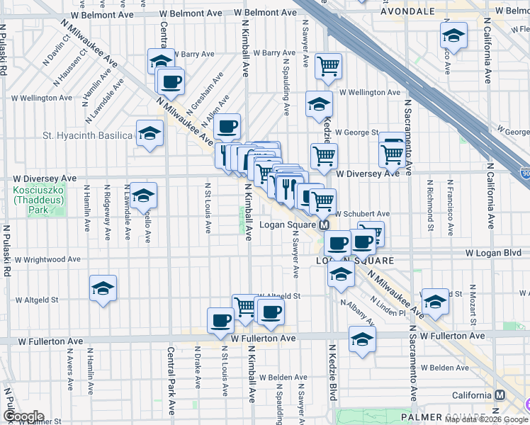 map of restaurants, bars, coffee shops, grocery stores, and more near 2746 North Milwaukee Avenue in Chicago