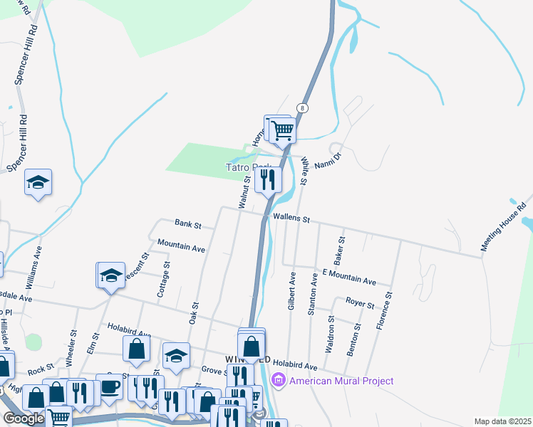 map of restaurants, bars, coffee shops, grocery stores, and more near 289 North Main Street in Winsted